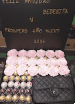 Christmas gift box with pink roses, chocolates and a handbag