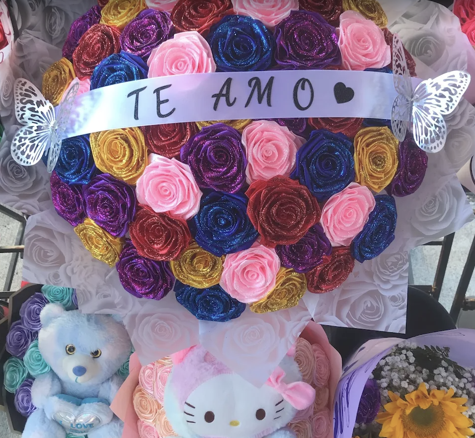 Colorful glitter satin rose bouquet with a Te Amo sash